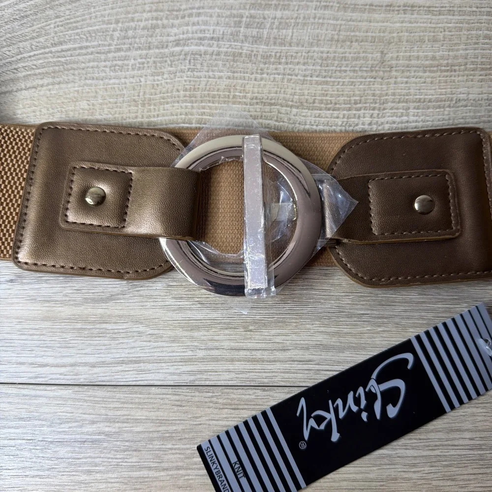 Slinky Belt Knit Brown Cinch Wide Elastic‎ Bronze Metallic Buckle Glam One Size